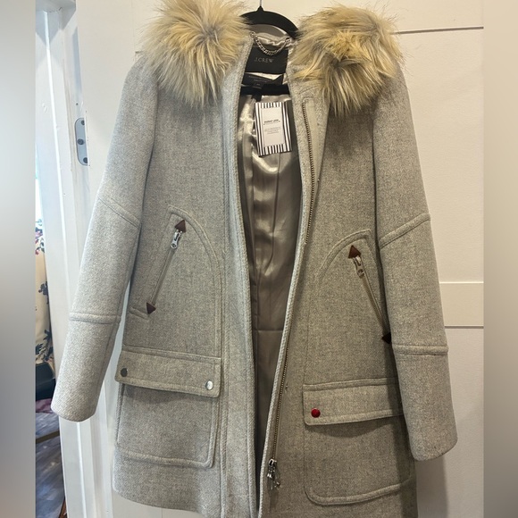 J.Crew stadium cloth wool jacket with faux fur hood size 00 - Picture 3 of 4